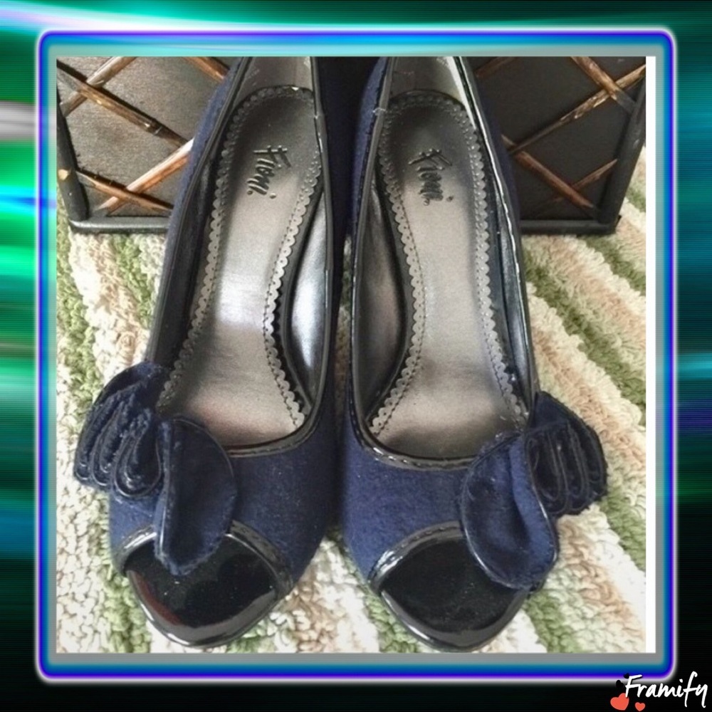 Fioni Dark Blue Flannel 3D Flower Open Toe Pumps